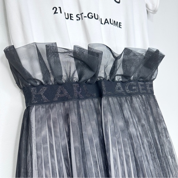KARL LAGERFELD Black White Mid Length Tulle Logo Dress Sz 14 - Picture 5 of 10